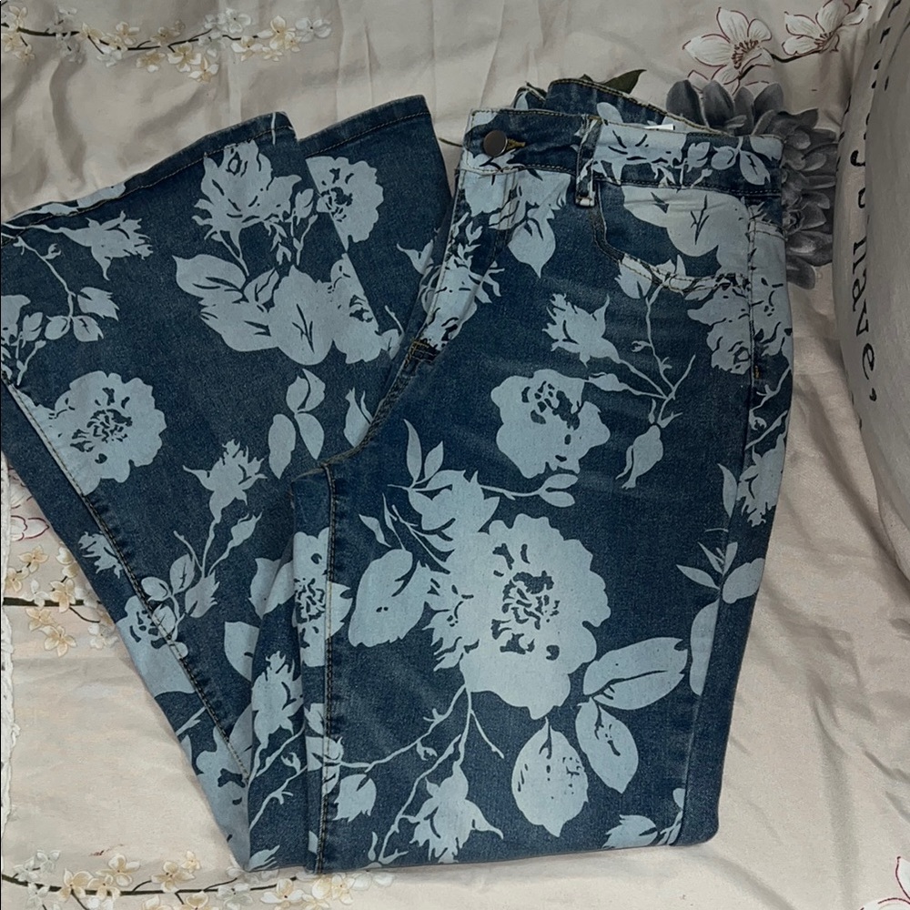 Blue and White Floral Flare Jeans